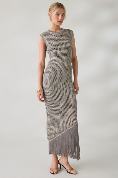 AllSaints Jessie Slim Fit Sheer Knitted Fringe Midi Dress