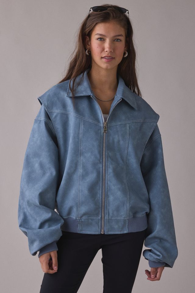 Lioness Vista Slate Faux Suede Oversized Bomber Jacket #1