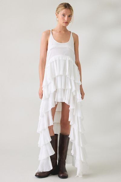 AllSaints Cavalry Crepe Twist Strap Tiered Ruffle High-Low Maxi Dress