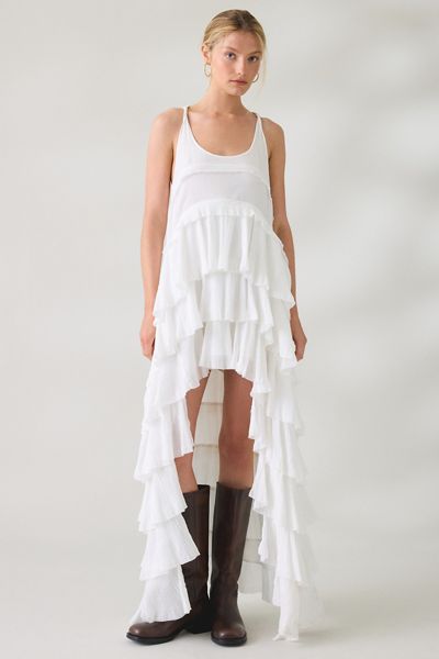 AllSaints Cavalry Crepe Twist Strap Tiered Ruffle High-Low Maxi Dress