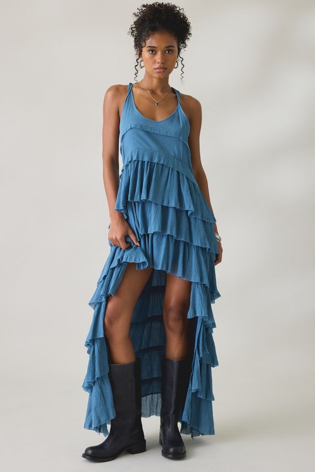 allsaints cavarly tiered ruffle maxi dress AllSaints Cavalry Crepe Twist Strap Tiered Ruffle High-Low Maxi Dress