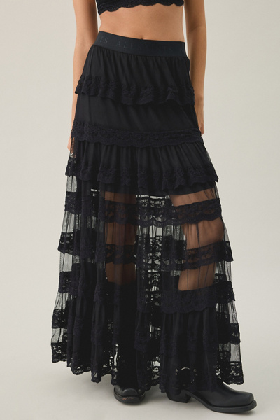 AllSaints Maggie Semi-Sheer Tiered Lace Maxi Skirt | Urban Outfitters