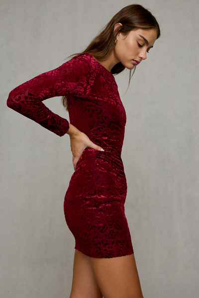 UO Natasha Flocked Floral Long Sleeve Bodycon Mini Dress
