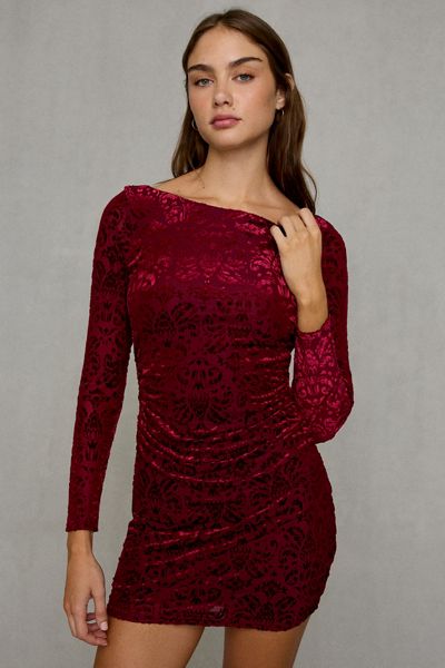 UO Natasha Flocked Floral Long Sleeve Bodycon Mini Dress