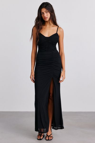 UO Isla Ruched Corset Mesh Maxi Dress
