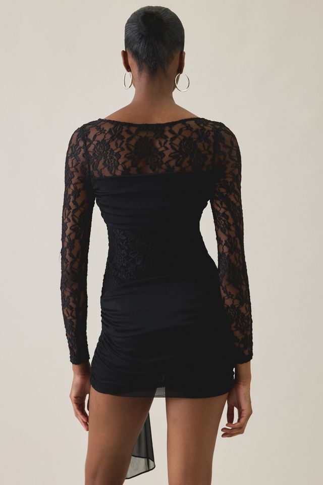 UO Evie Asymmetric Drape Lace Long Sleeve Mini Dress #2