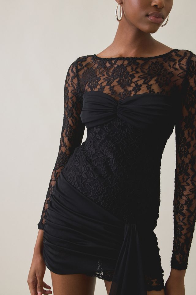 UO Evie Asymmetric Drape Lace Long Sleeve Mini Dress #4