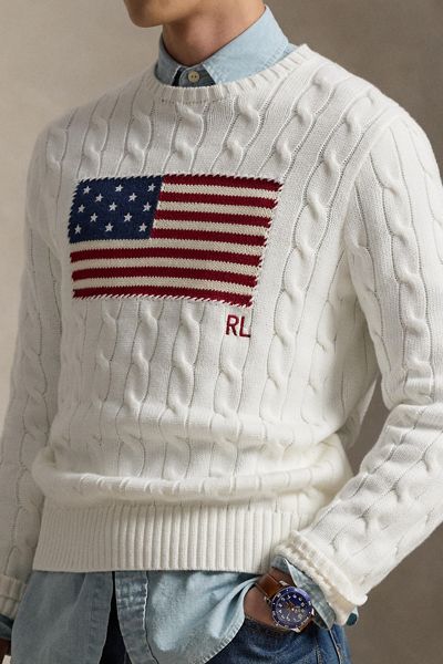 Polo Ralph Lauren USA Flag Cable Knit Crew Neck Sweater
