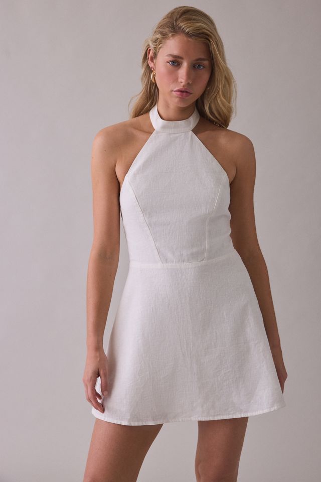 UO Salt Air High Neck Halter Linen Mini Dress in White Cotton, Women's XL at Urban Outfitters