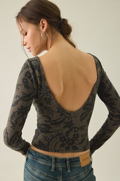 BDG Tara Tight Ribbed Low-Back Boatneck Long Sleeve Tee