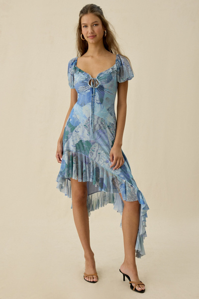 Kimchi Blue Hyacinth Watercolor Mesh Asymmetric Ruffle Midi Dress