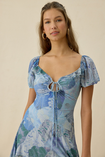 Kimchi Blue Hyacinth Watercolor Mesh Asymmetric Ruffle Midi Dress