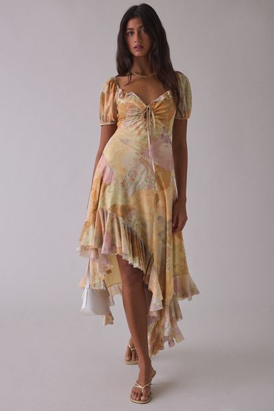 Kimchi Blue Hyacinth Watercolor Mesh Asymmetric Ruffle Midi Dress