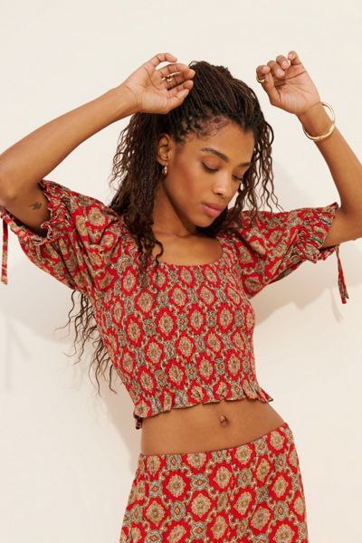 Fashion Brand Company Crop Smocked Puff Sleeve Blouse