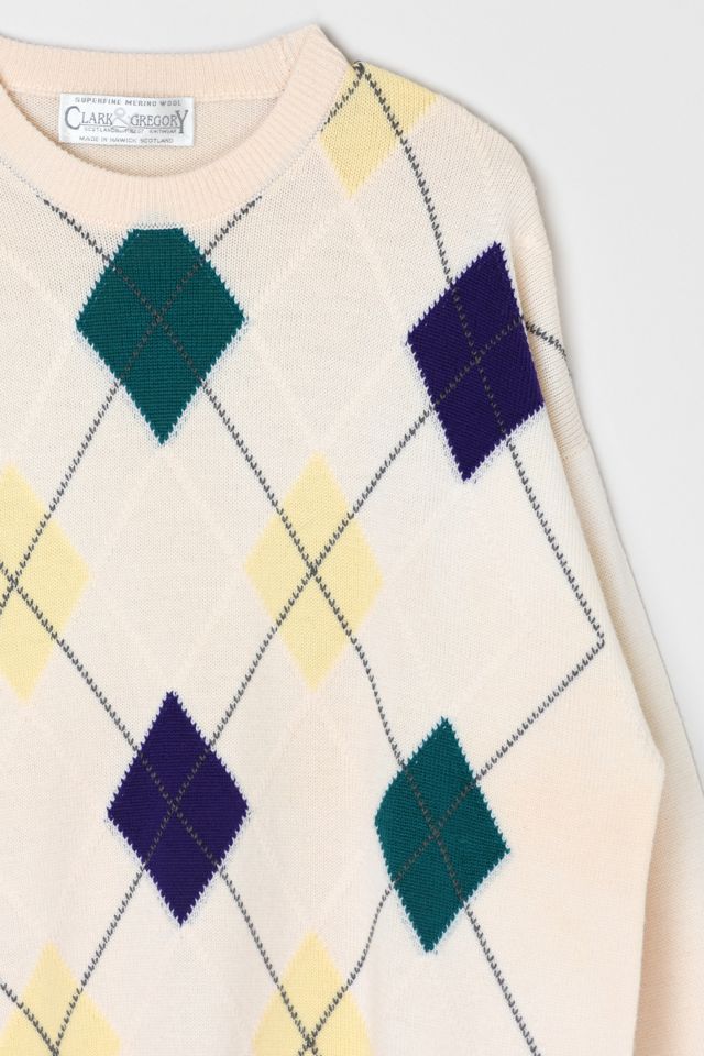 Vintage 90s Cream Argyle Merino Wool Sweater #1