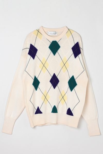 Vintage 90s Cream Argyle Merino Wool Sweater