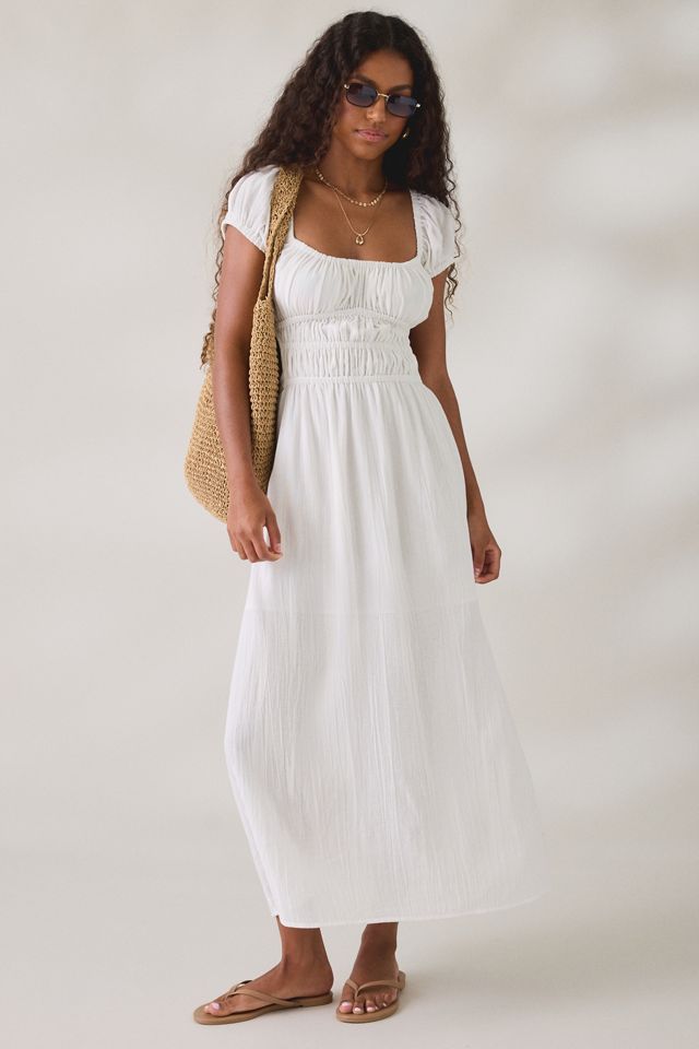 short sleeve maxi dress white Adventures In Paradise Knit this elegant maxi dress features a flattering A High Neck Short Sleeve Ruched