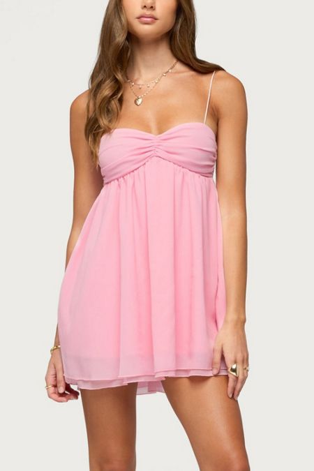 light pink babydoll dress Marlina Ruffle Sleeve Mini Soft this romantic light pink mini dress is designed with a sweetheart neckline and a high empire waist that flows into a flirty Women's Pink Babydoll Dresses |