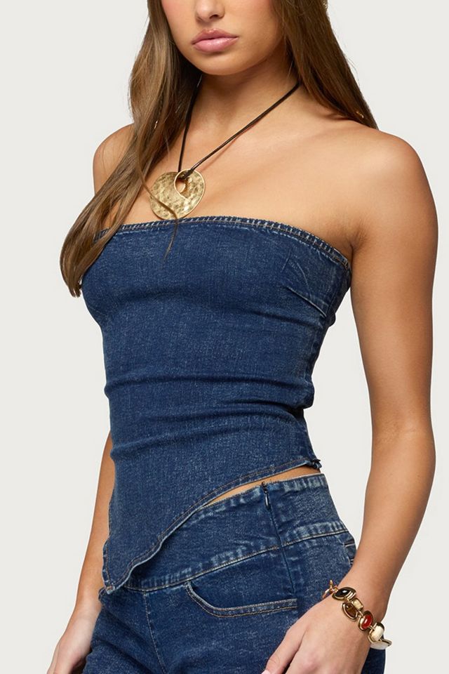 Edikted Zaida Asymmetric Denim Strapless Top #2
