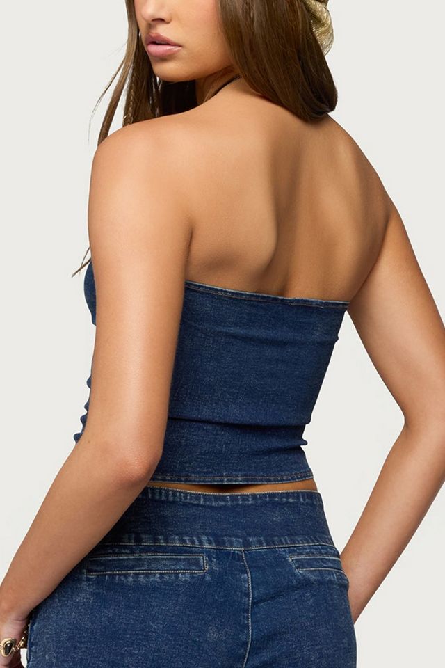 Edikted Zaida Asymmetric Denim Strapless Top | Urban Outfitters