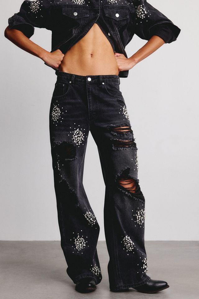 Steve Madden Flat Iron Rhinestone Embellished Mid-Rise Barrel Jeans #1