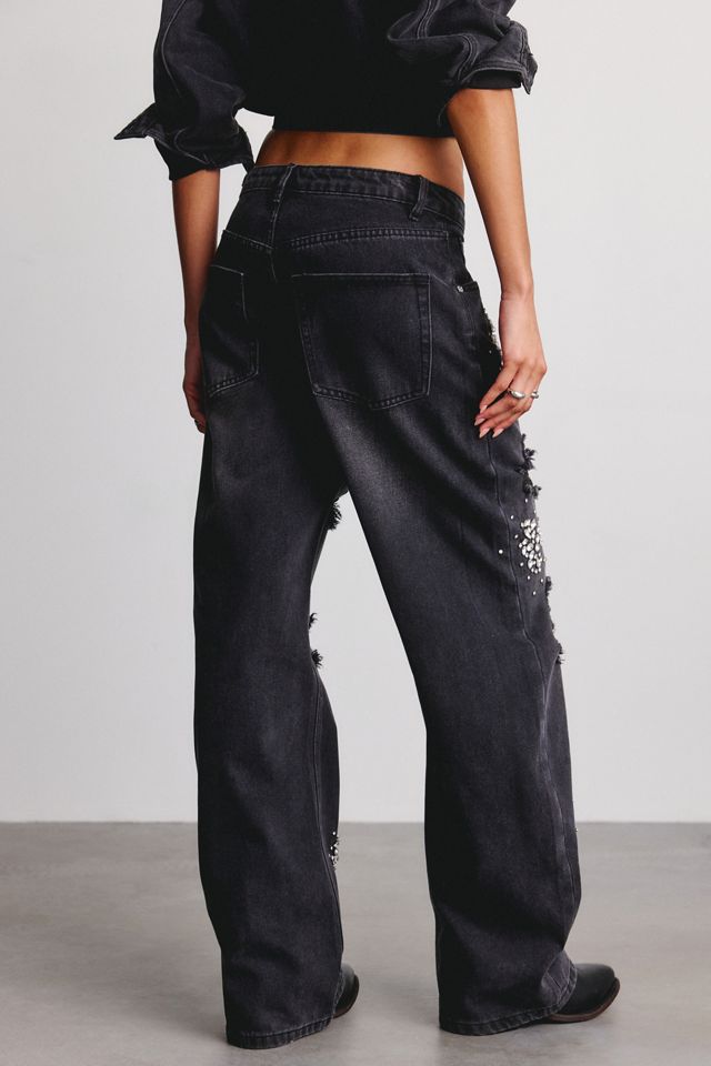 Steve Madden Flat Iron Rhinestone Embellished Mid-Rise Barrel Jeans #3