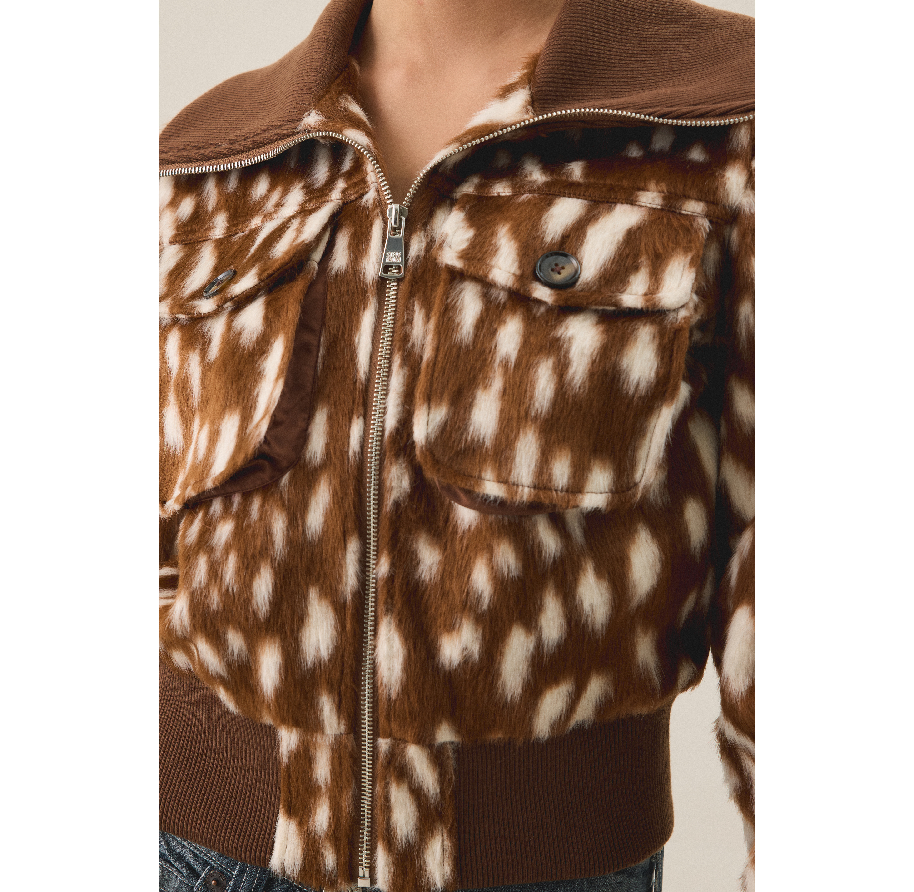 Steve Madden Hunton Deer Print Faux Fur Zip-Up Jacket