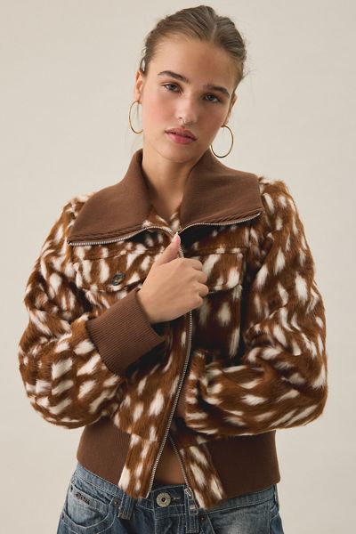 Steve Madden Hunton Deer Print Faux Fur Zip-Up Jacket