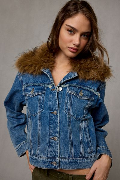 Steve Madden Marky Faux Fur Trim Denim Jacket