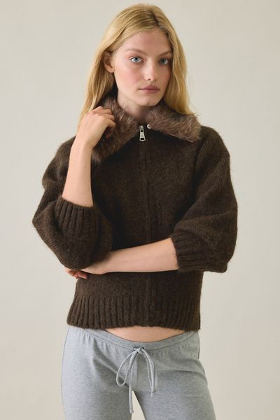 Steve Madden Odessa 3/4 Sleeve Faux Fur Collar Zip-Up Cardigan