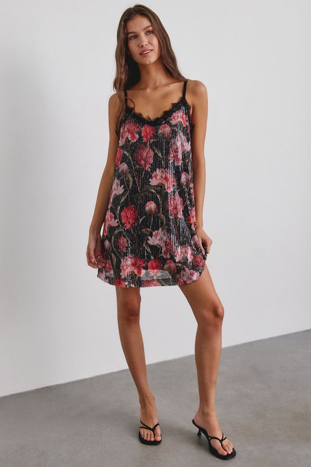 Steve Madden Rianna Sequin Floral Lace Trim Slip Mini Dress #1