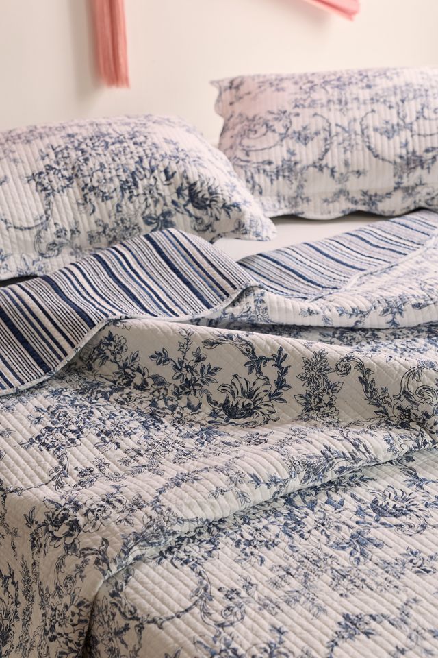 Garden Toile & Striped Reversible Cotton Quilt Set #2