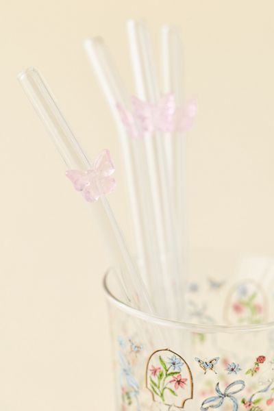 Sculpted Butterfly Glass Straw Set