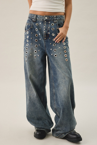 The Ragged Priest Puncture Eyelet Studded Mid-Rise Baggy Jeans