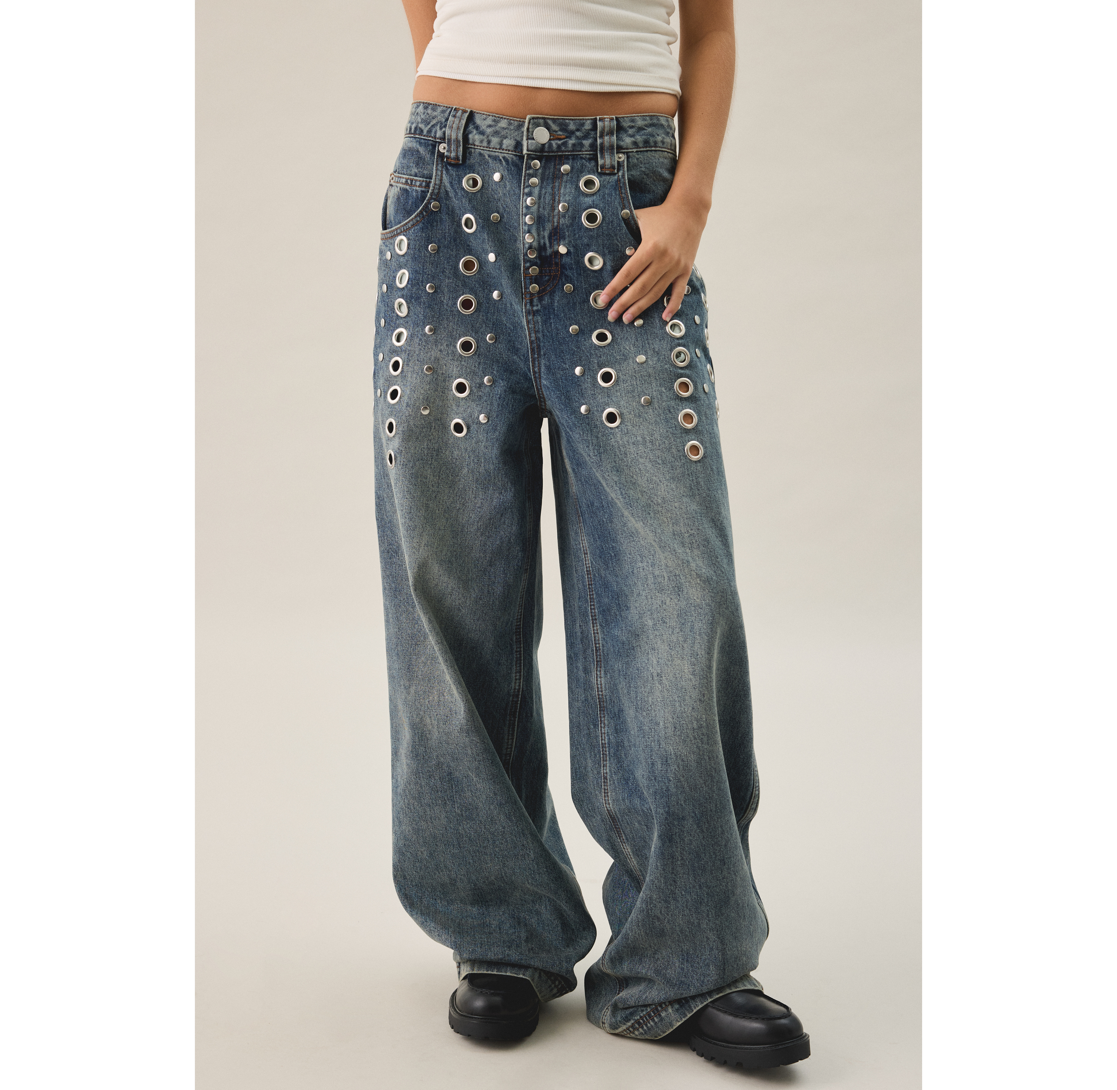 The Ragged Priest Puncture Eyelet Studded Mid-Rise Baggy Jeans
