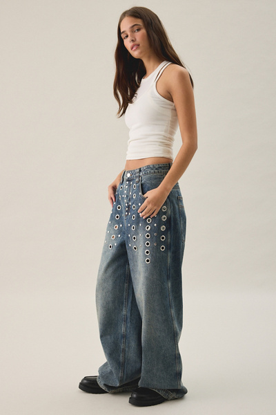 The Ragged Priest Puncture Eyelet Studded Mid-Rise Baggy Jeans