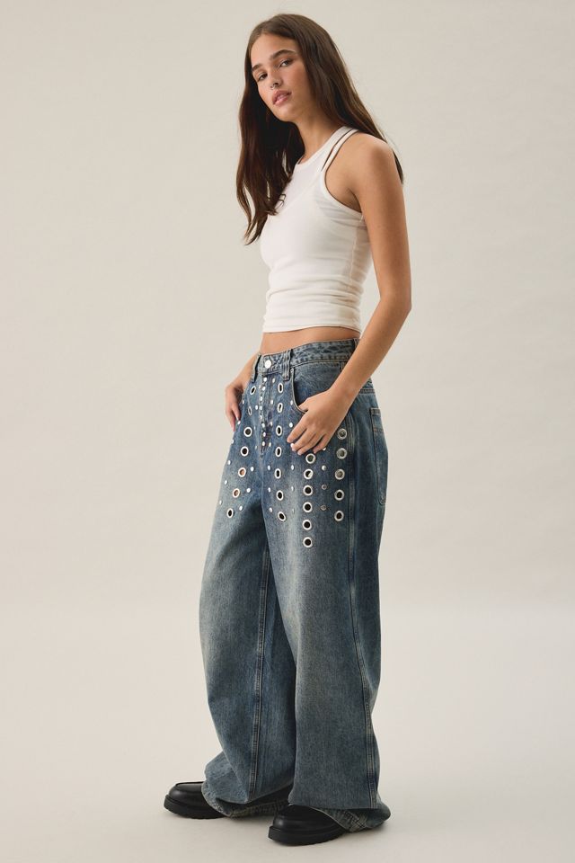 The Ragged Priest Puncture Eyelet Studded Mid-Rise Baggy Jeans #4