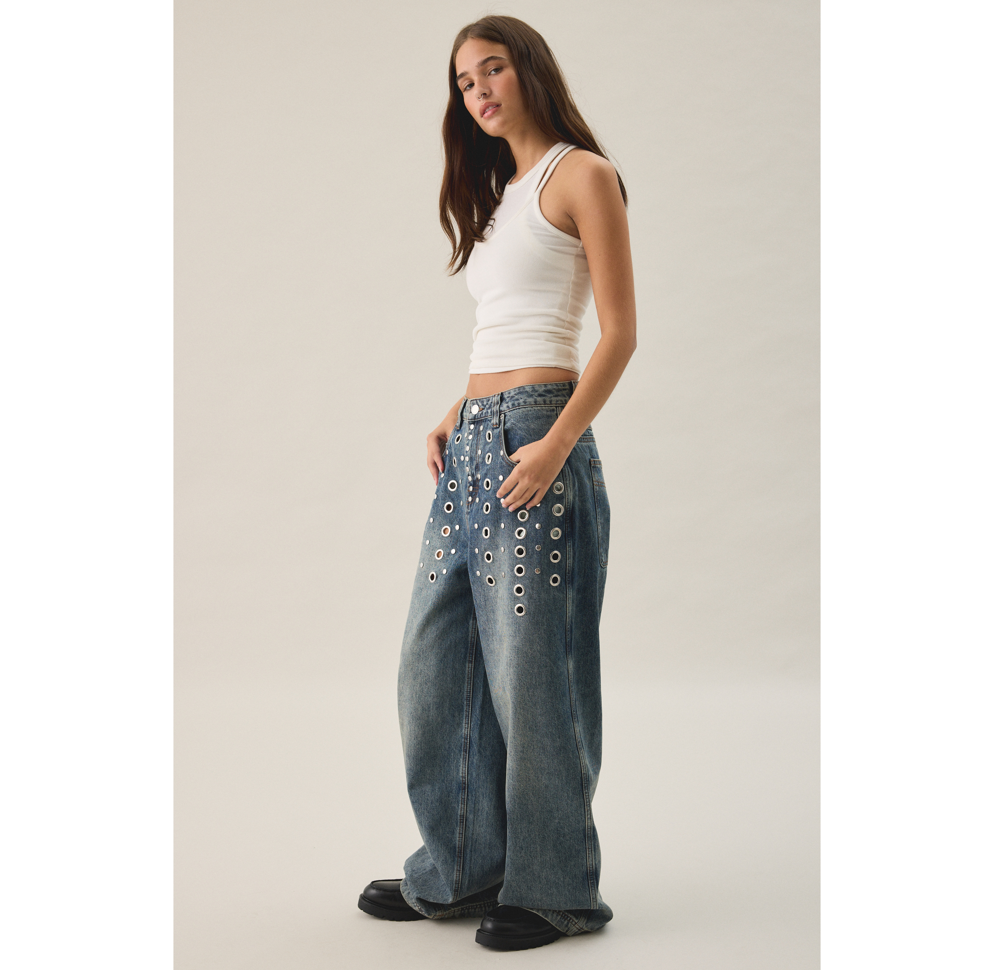The Ragged Priest Puncture Eyelet Studded Mid-Rise Baggy Jeans