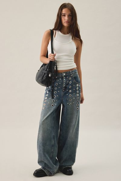 The Ragged Priest Puncture Eyelet Studded Mid-Rise Baggy Jeans