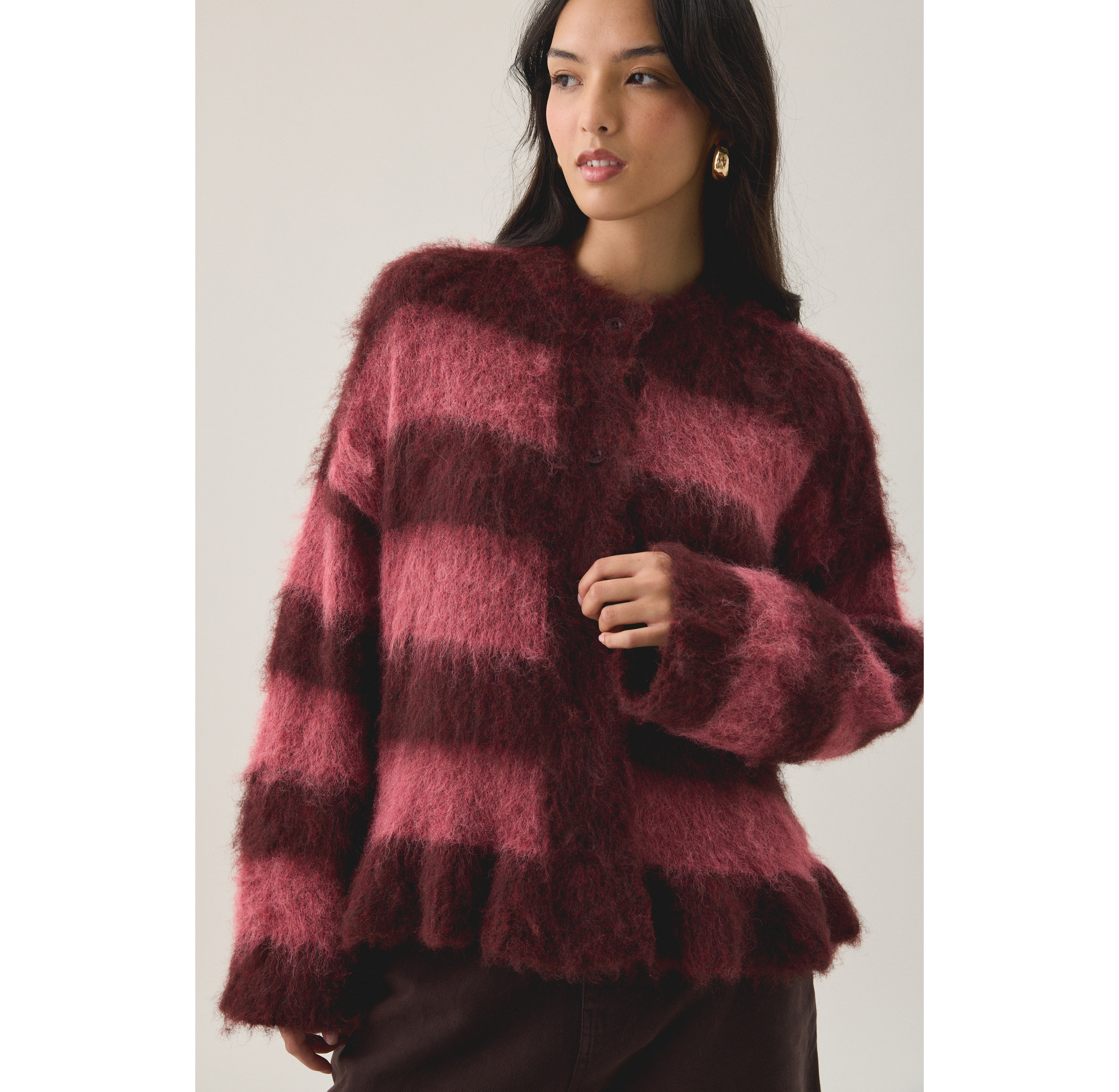 The Ragged Priest Heather Striped Ruffle Hem Cardigan