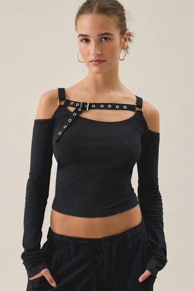 The Ragged Priest Sucker Belted Long Sleeve Cold Shoulder Top