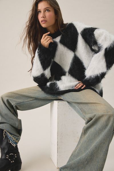 The Ragged Priest Jasper Argyle Check Oversized Sweater