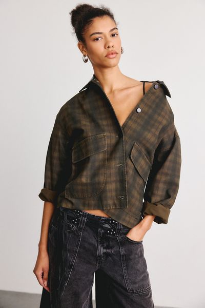Moon River Contrast Collar Plaid Barn Jacket