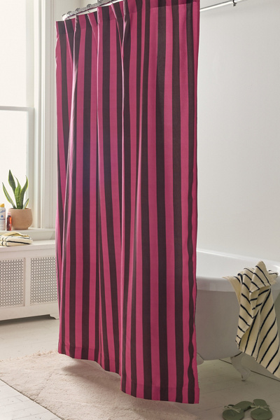 Awning Stripe Patterned Shower Curtain in Pink Wine Combo at Urban Outfitters