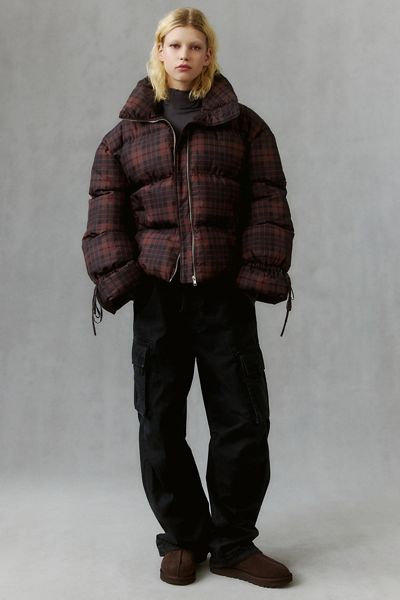 Moon River Plaid Funnel Neck Puffer Jacket