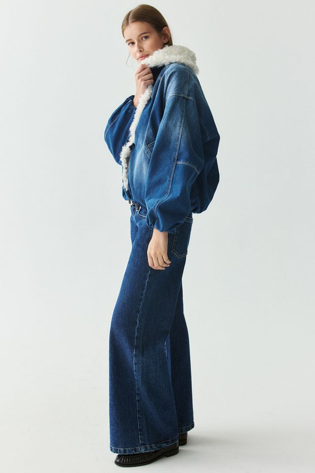Moon River Shawl Collar Faux Fur Trim Oversized Denim Jacket #1