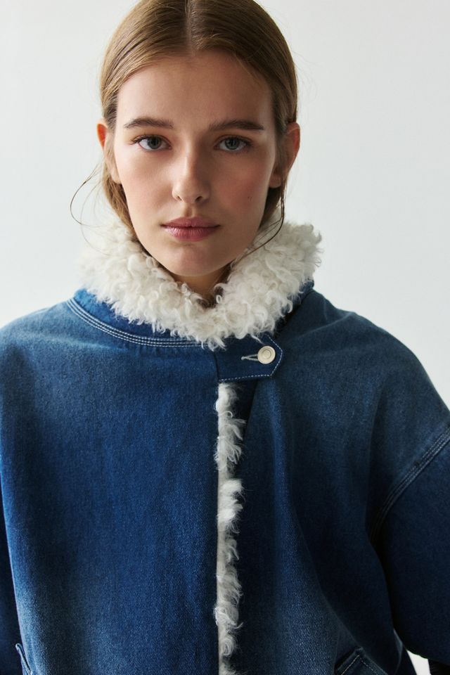 Moon River Shawl Collar Faux Fur Trim Oversized Denim Jacket #2