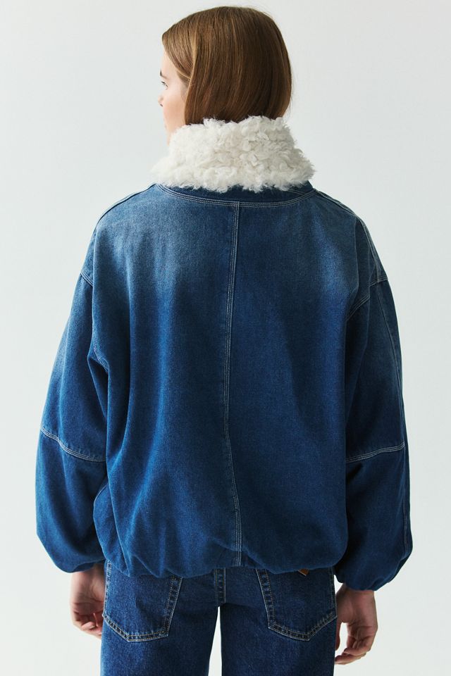Moon River Shawl Collar Faux Fur Trim Oversized Denim Jacket #3