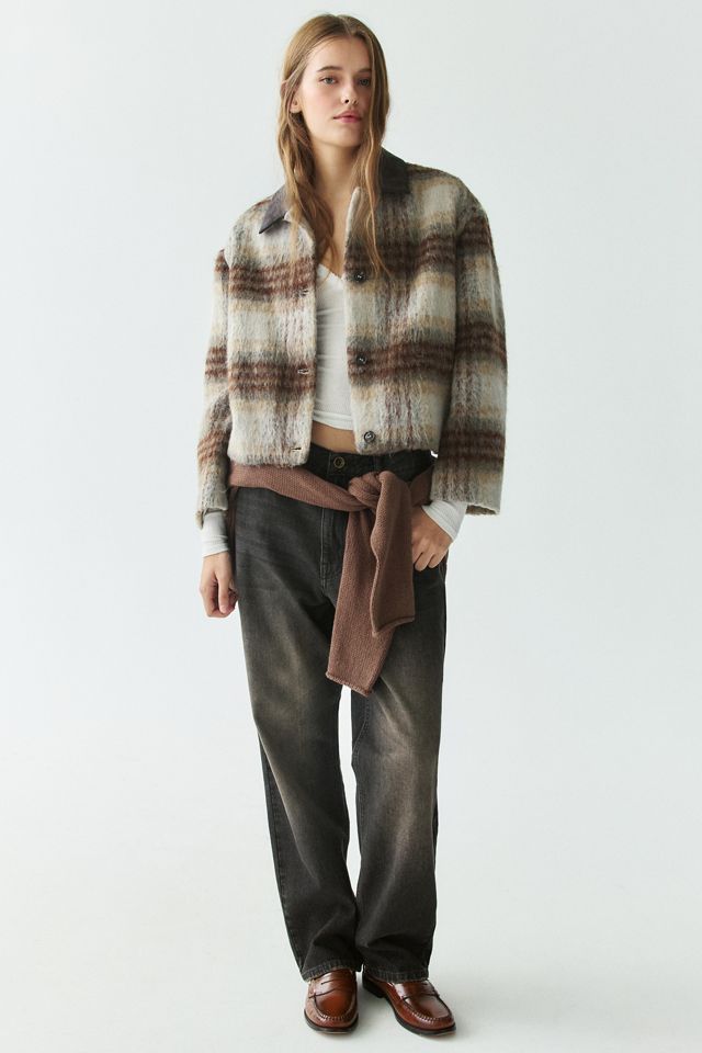 Moon River Brushed Plaid Contrast Collar Barn Jacket #1