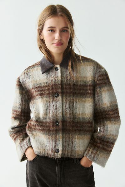 Moon River Brushed Plaid Contrast Collar Barn Jacket